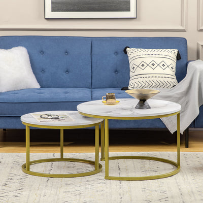 HOMCOM Coffee Table Set of 2, Round Nest of Tables with Faux Marble Tabletop and Metal Frame, Modern Side Tables for Living Room, White 