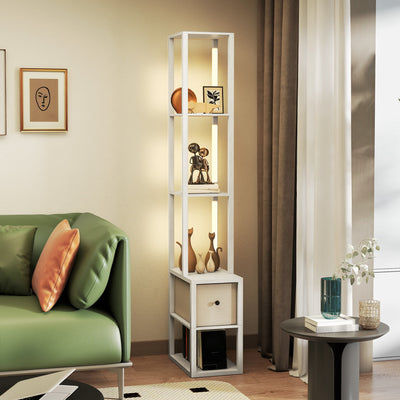 HOMCOM Floor Lamp with Shelves, LED Column Modern Standing Lamp with Fabric Drawer, Adjustable Brightness, Foot Switch for Living Room, Bedroom, Office, White 