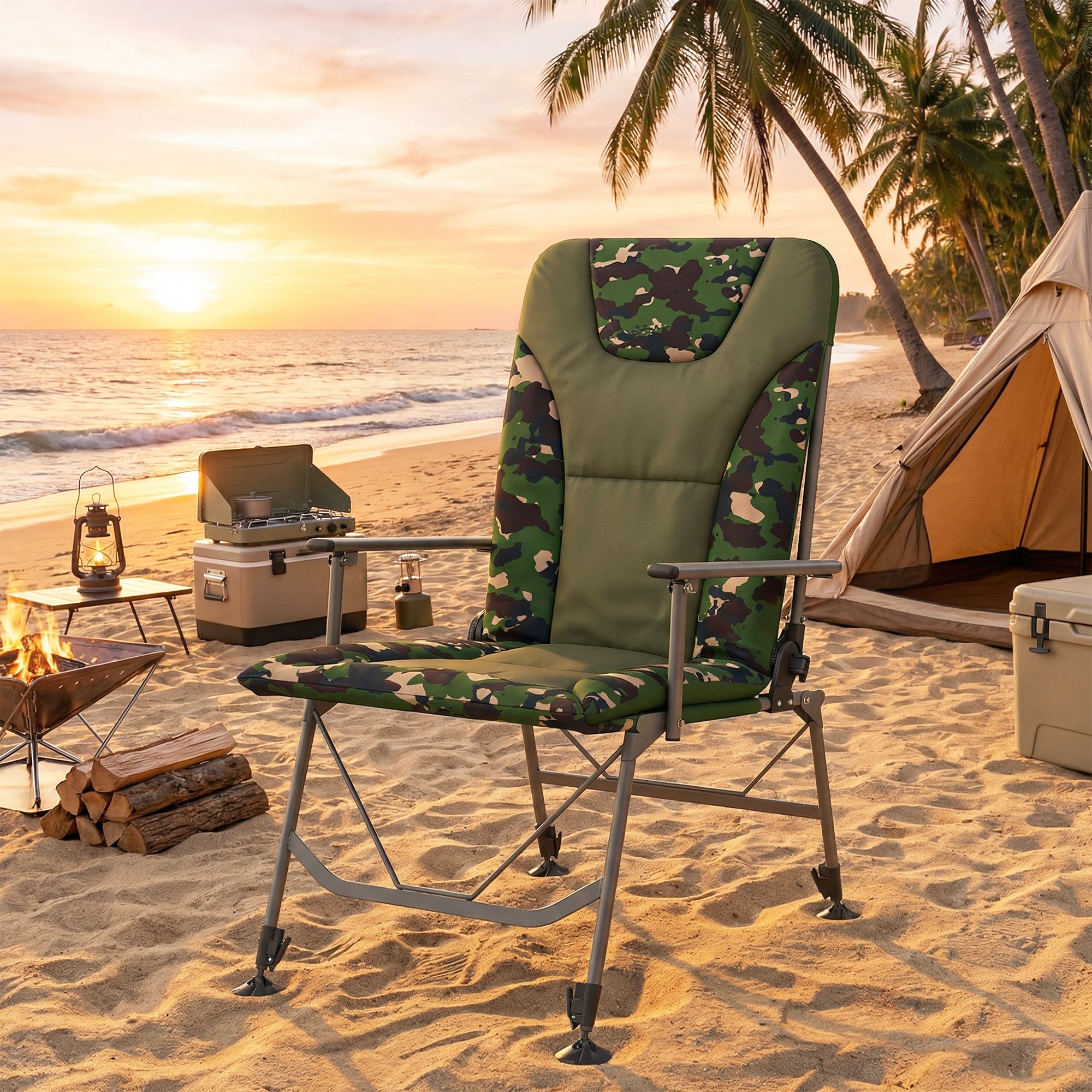 Outsunny Camping Chair Padded Reclining Folding Chair with Wide Armrests for Adults Camouflage 