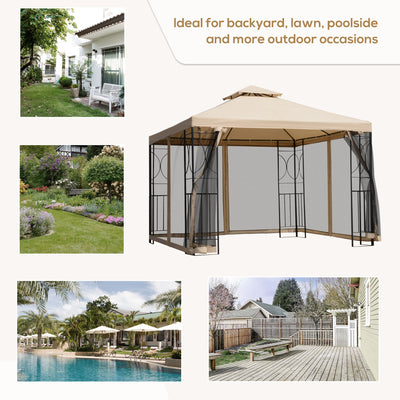 Outsunny 3(m) x 3(m) Garden Gazebo, Double Roof Outdoor Gazebo Canopy Shelter with Netting, Solid Steel Frame for Garden, Lawn, Backyard and Deck 