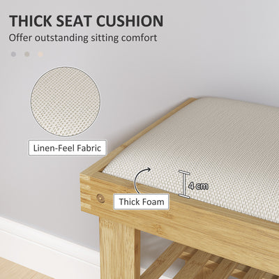HOMCOM Bamboo Shoe Storage Bench, 3-Tier Shoe Bench with Seat Cushion, Shoe Rack for Entryway, Hallway, Living Room, Bedroom, Cream White 