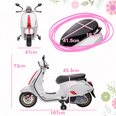 AIYAPLAY 12V Vespa Licensed Kids Electric Motorbike w/ Music, Headlights, FM Radio, for 3-6 Years - White 