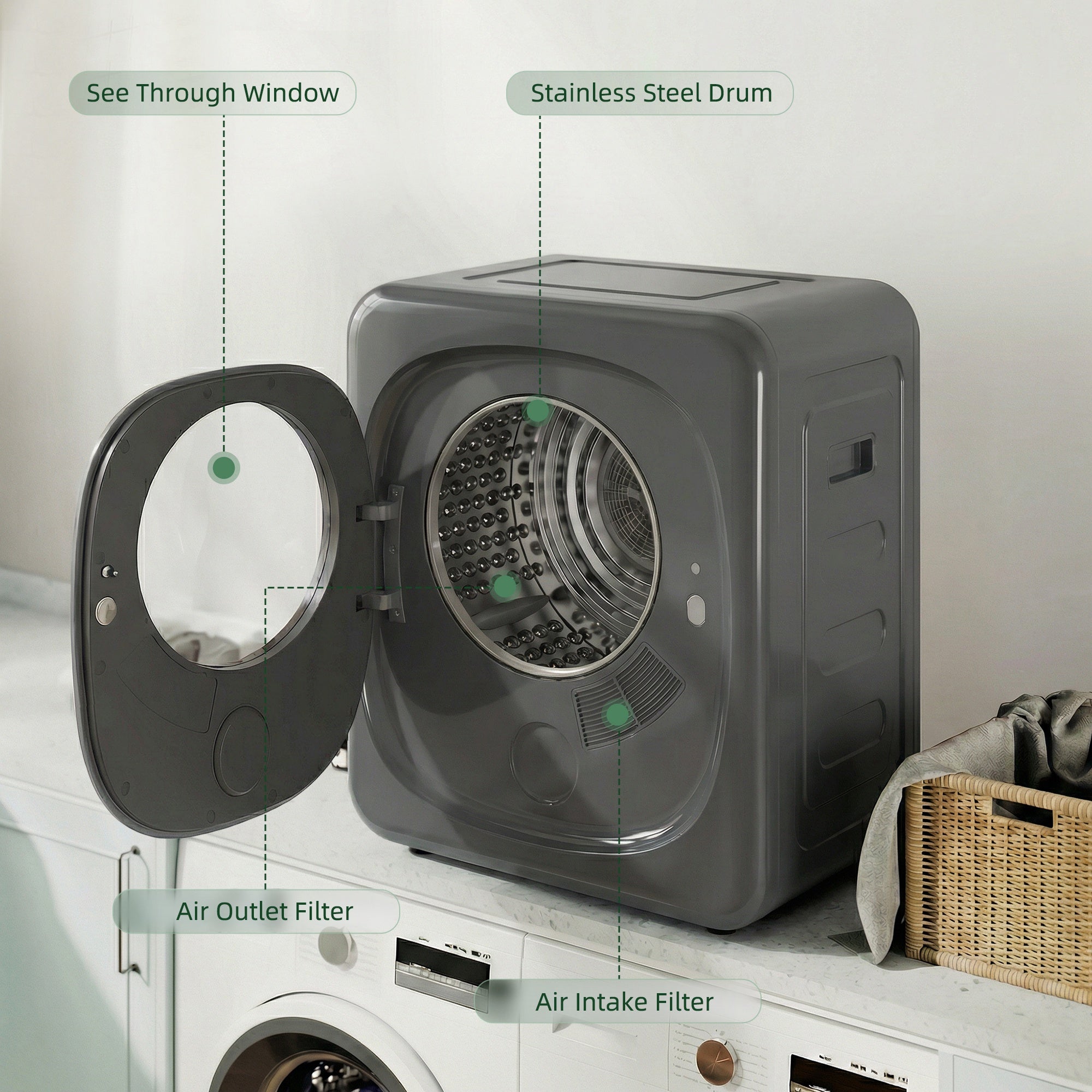 HOMCOM 4kg Vented Tumble Dryer with 5 Drying Mode, 800W Compact Freestanding Front Tumble Dryer Grey 