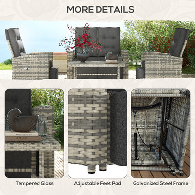 Outsunny 4 Piece Rattan Garden Furniture Set Outdoor Sofa Sectional Set with Glass Top Table for Poolside, Light Grey 