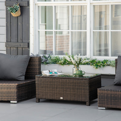 Outsunny PE Rattan Garden Coffee Table with Glass Table Top - Brown 
