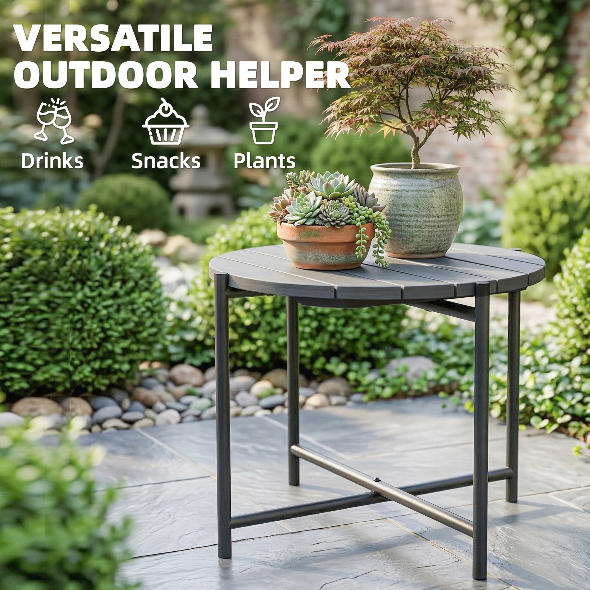 Outsunny 54 cm Round Outdoor Side Table, Industrial Small Garden Table with Slatted Wood Top and Metal Frame, Dark Grey 