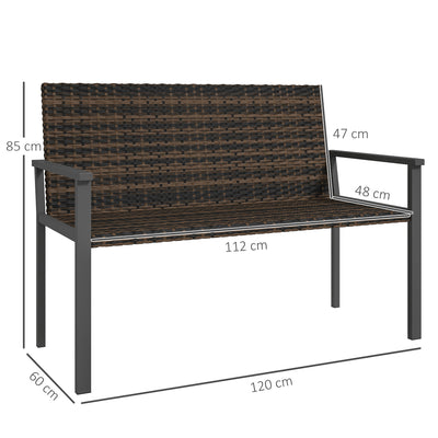 Outsunny 2 Seater Rattan Garden Bench, Outdoor Bench with Quick-Drying Cotton Padding, Wicker Garden Loveseat with Armrests, Steel Frame for Patio, Park, Mixed Brown 