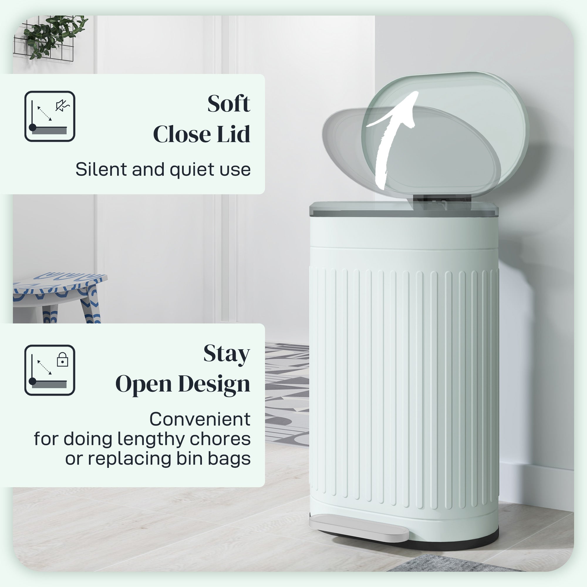 HOMCOM 30L Metal Kitchen Bin, with Soft-Close Lid - Light Green 