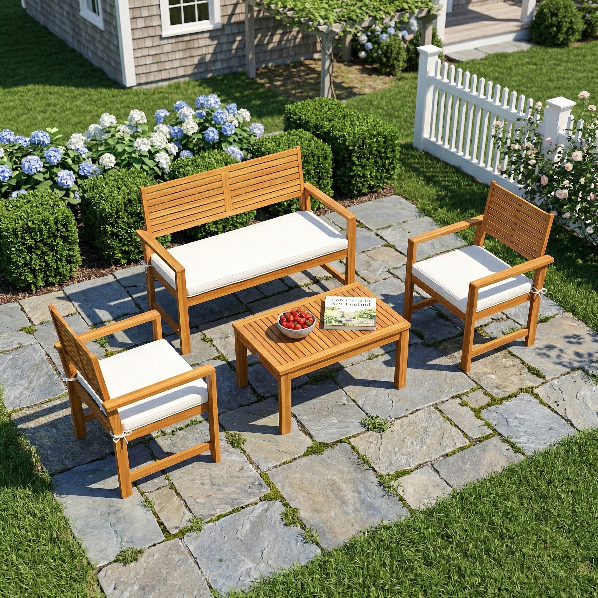 Outsunny 4 Seater Wooden Garden Furniture Set with Loveseat, Armchairs, Table, Acacia Wood Garden Sofa Set, Cream White 