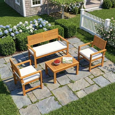 Outsunny 4 Seater Wooden Garden Furniture Set with Loveseat, Armchairs, Table, Acacia Wood Garden Sofa Set, Cream White 