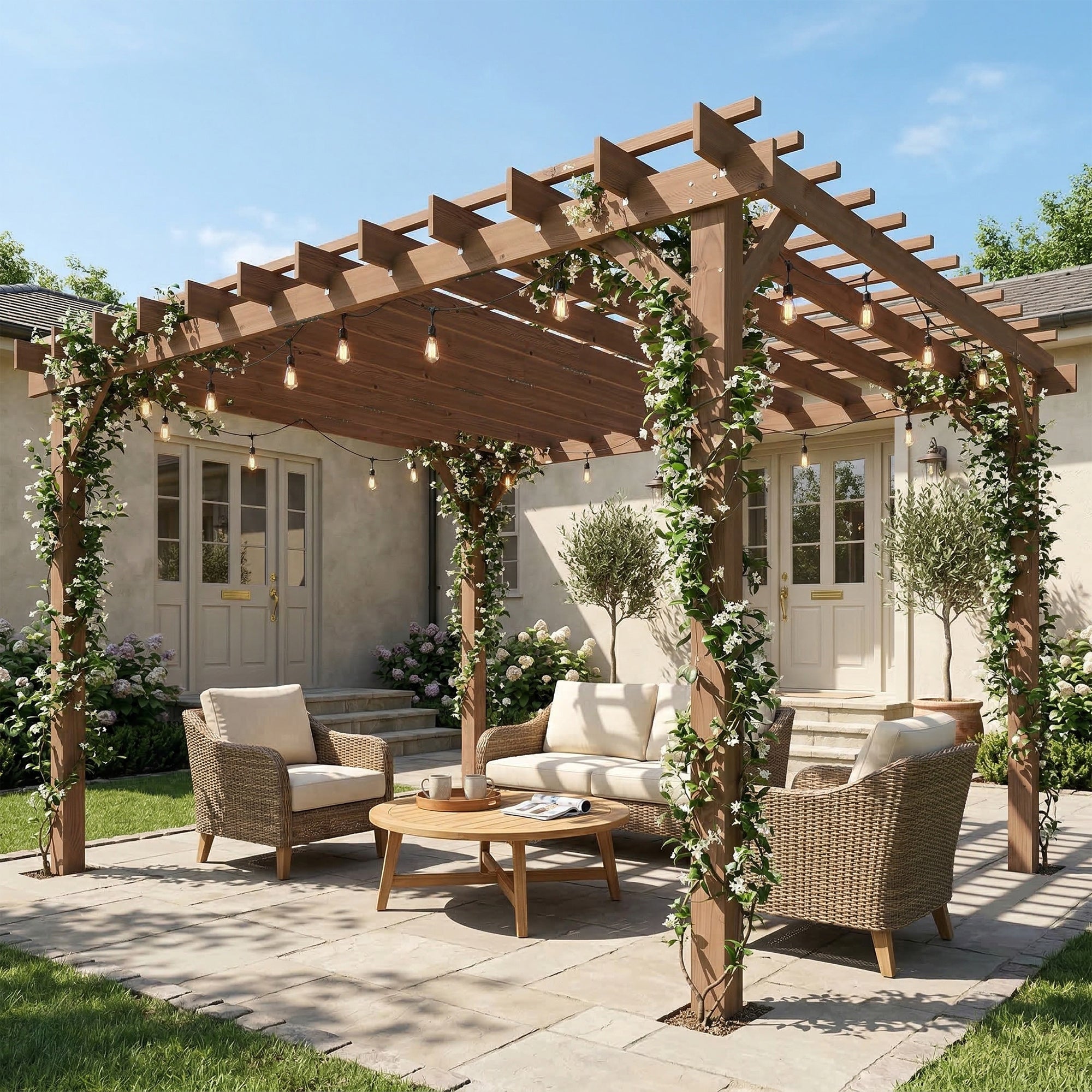 Outsunny 3.6 x 3 m Wooden Pergola Kit, Garden Pergola Gazebo Grape Trellis with Triangle Supports, Maple Wood-effect 
