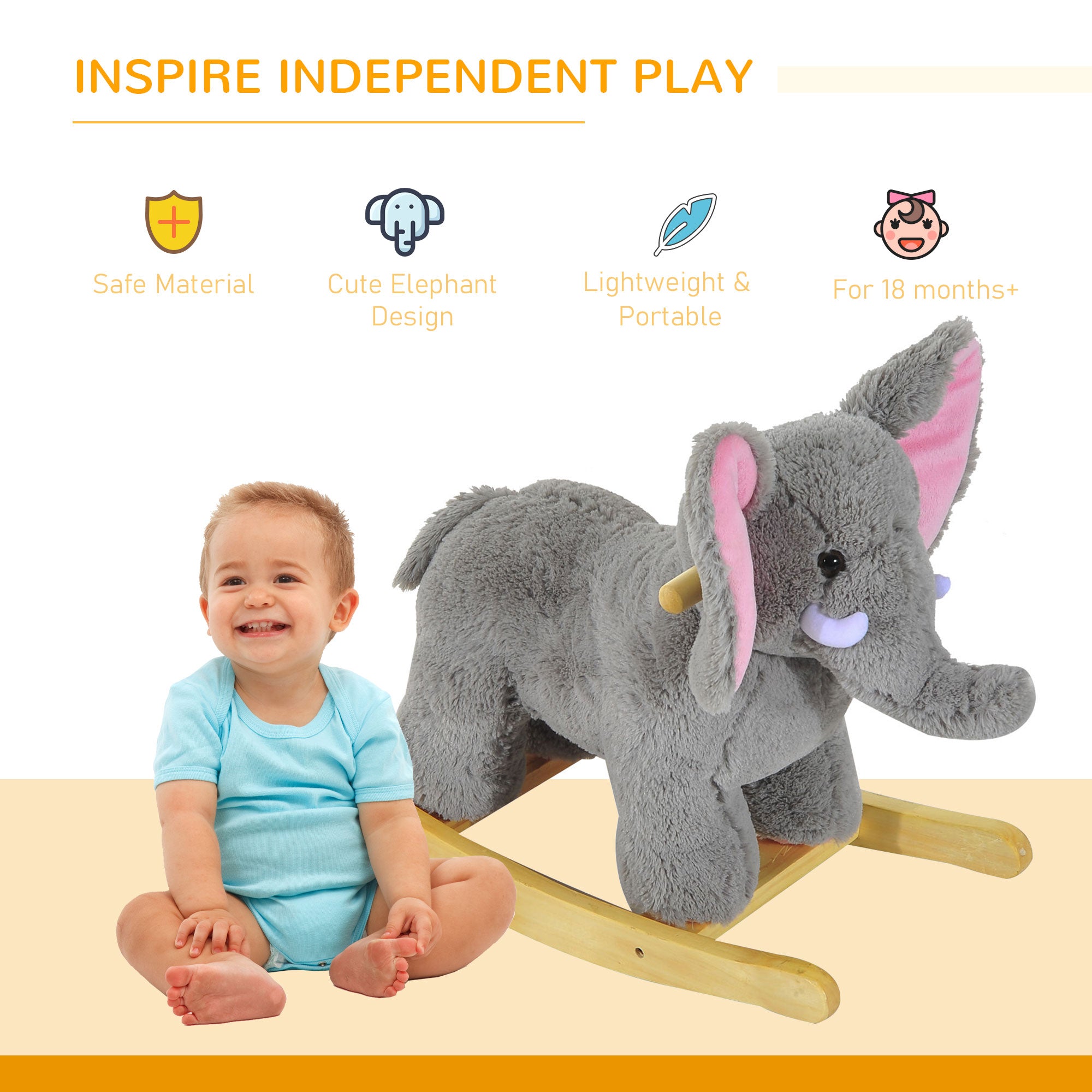 HOMCOM Kids Children Rocking Horse Plush Ride on Animal Wooden Riding Traditional Rocker Gift w/32 nursery rhymes (Grey Elephant) 