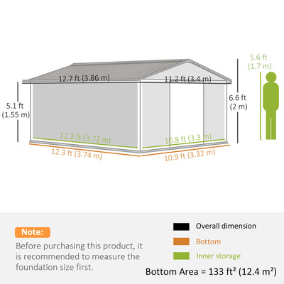 Outsunny 13 x 11ft Metal Garden Shed, Outdoor Storage Tool House with Ventilation Slots, Foundation Kit and Lockable Double Doors, Grey 
