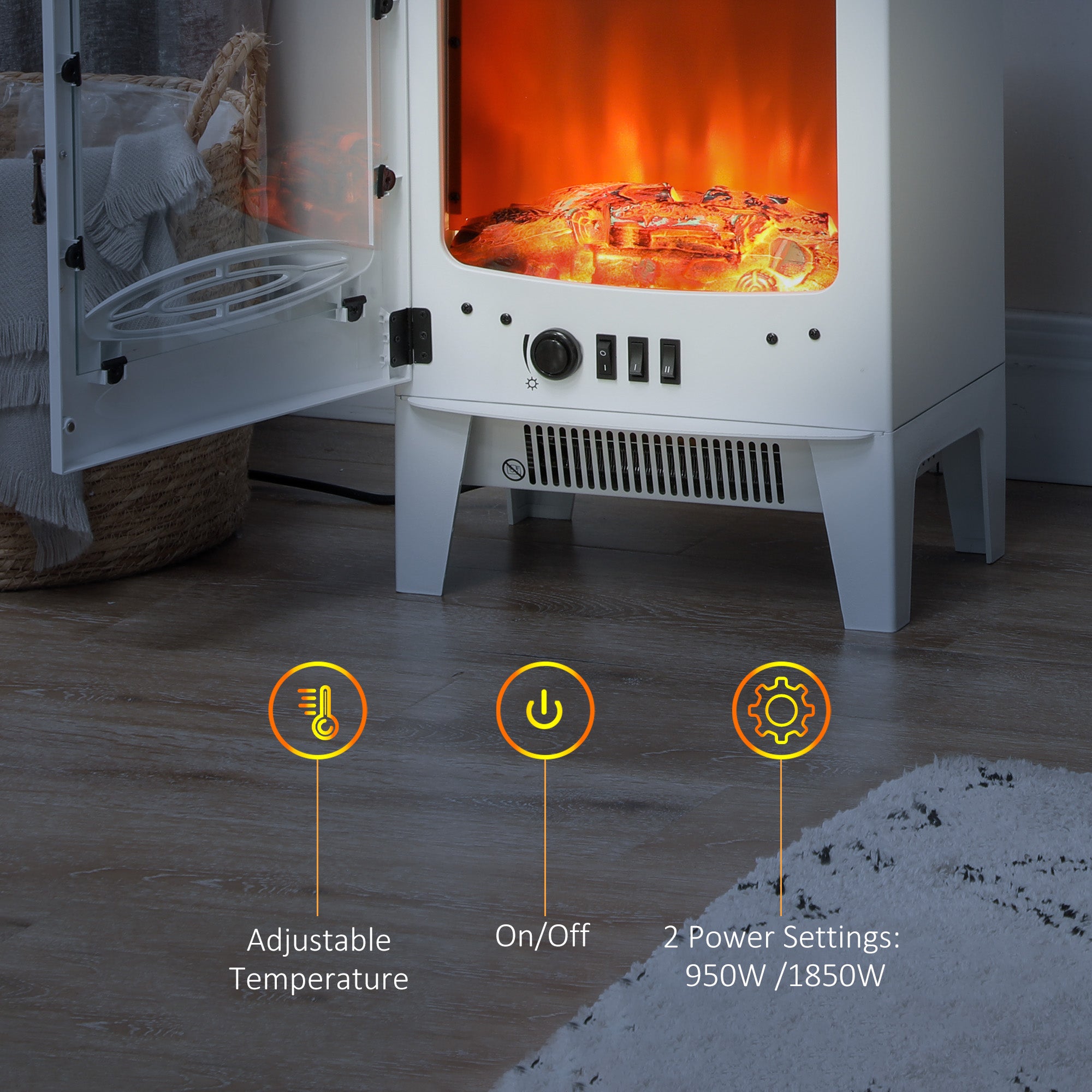HOMCOM Tempered Glass Casing Electric Fireplace, Freestanding Electric Fire with Realistic Flame Effect, Log Burner with Overheat Protection, 950w/ 1850W, White 
