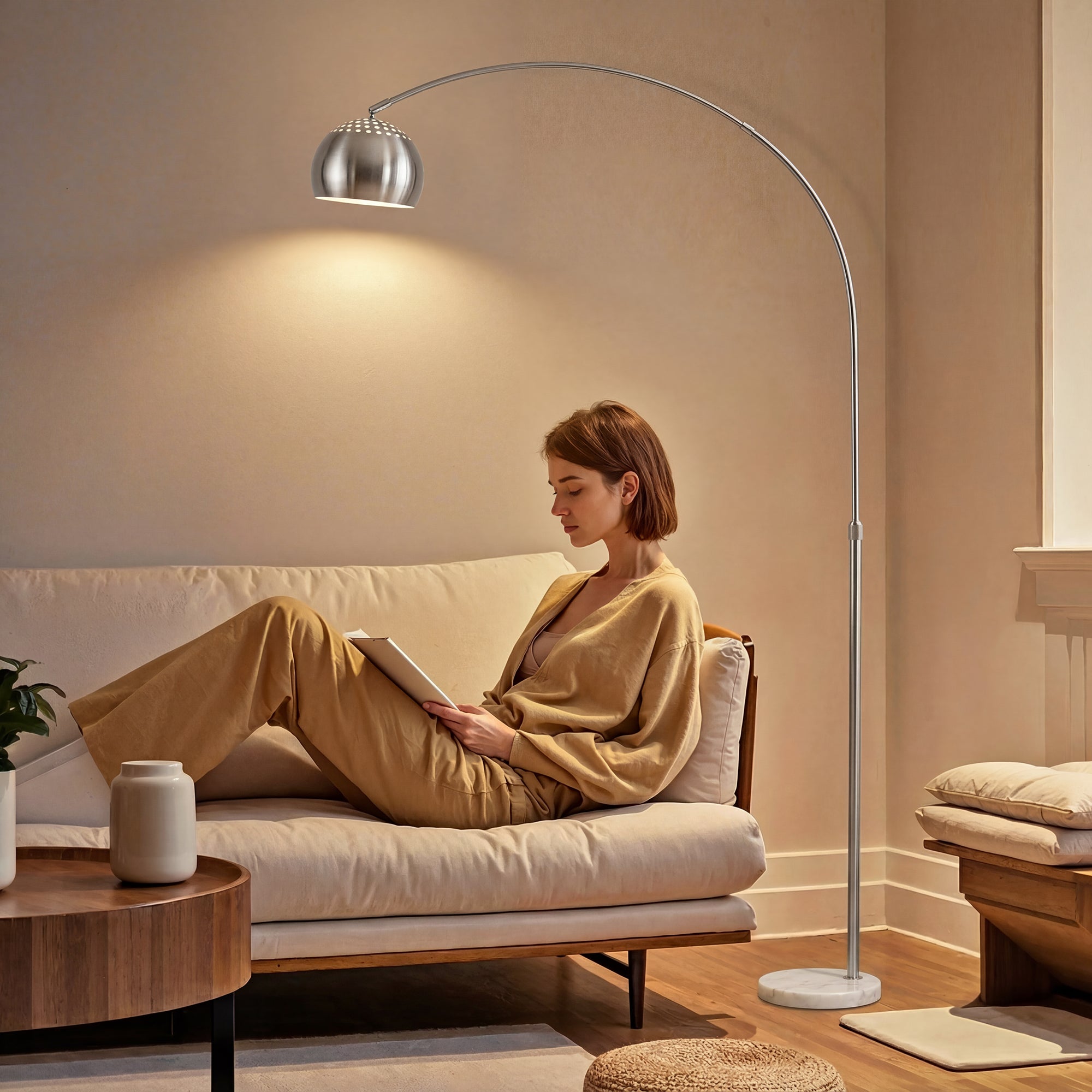 HOMCOM Arc Floor Lamp for Living Room, Modern Adjustable Standing Lamp with Faux Black Marble Base Silver Tone 