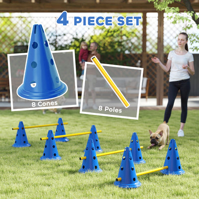 PawHut Dog Agility Equipment Set of Eight Cones, Eight Poles w/ Carry Bag, Four-Piece Adjustable Height Jumping Obstacles Blue 