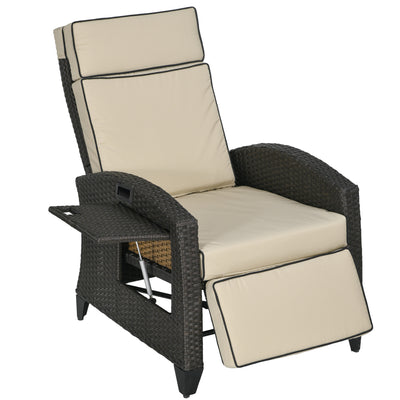 Outsunny Outdoor Recliner Chair with Adjustable Backrest and Footrest, Cushion, Side Tray, Khaki 