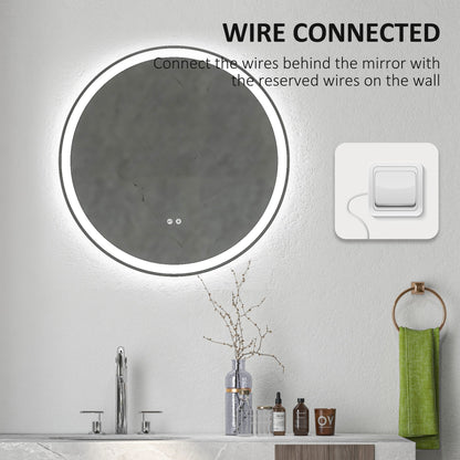 kleankin Round Bathroom Mirror with LED Lights, Wall Mount Dimmable Makeup Mirror with 3 Temperature Colours, Defogging Film and Memory Function, Frameless, Hardwired, 60 x 60\'c2\'a0cm 