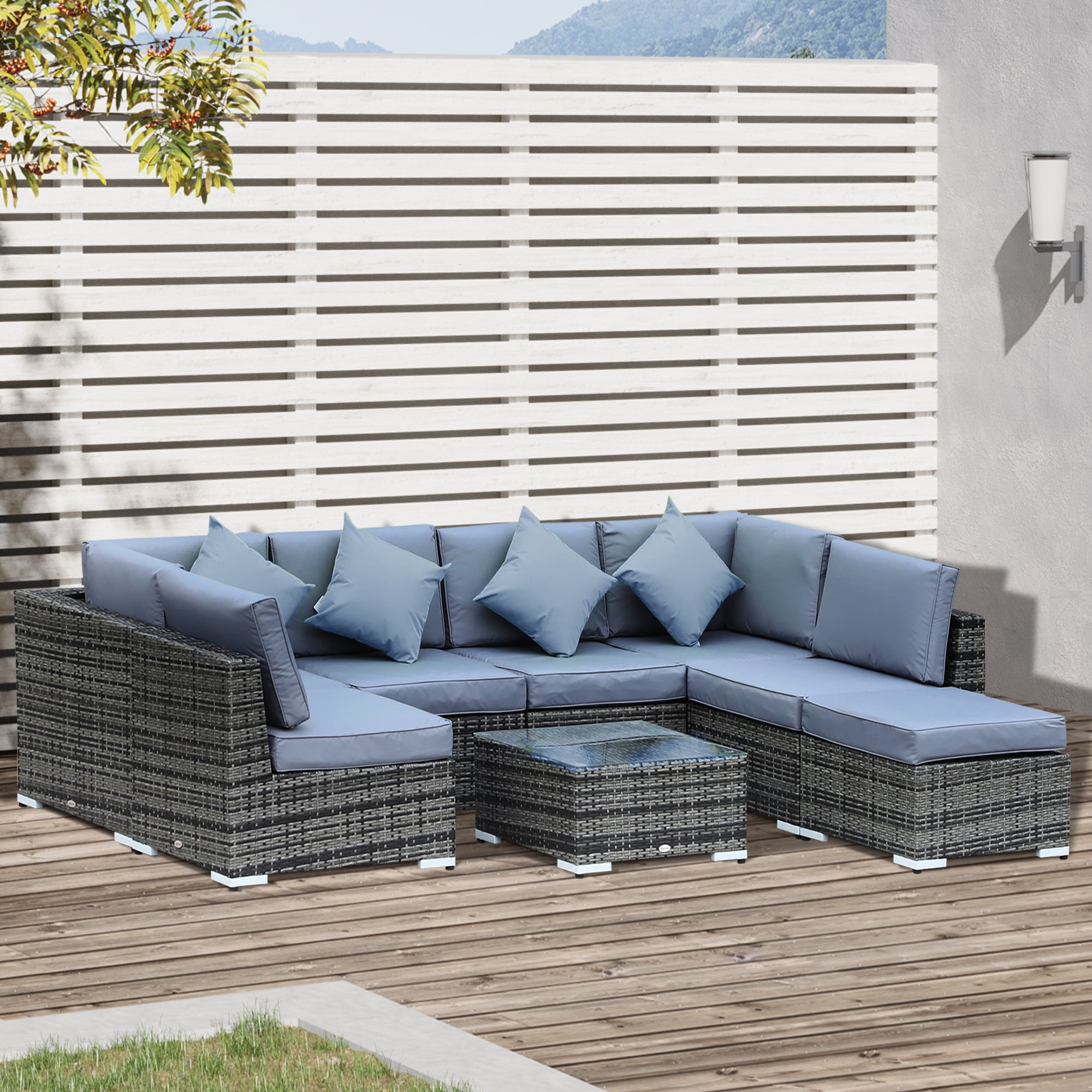 Outsunny 8 Pieces PE Rattan Corner Sofa Set with Thick Cushions, Aluminium Outdoor Rattan Garden Furniture Set with Glass Top Table, No Assembly Required, Grey 