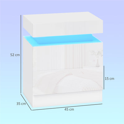 HOMCOM White Bedside Table with LED Light, High Gloss Front Nightstand with 2 Drawers, for Living Room, Bedroom, Set of 2