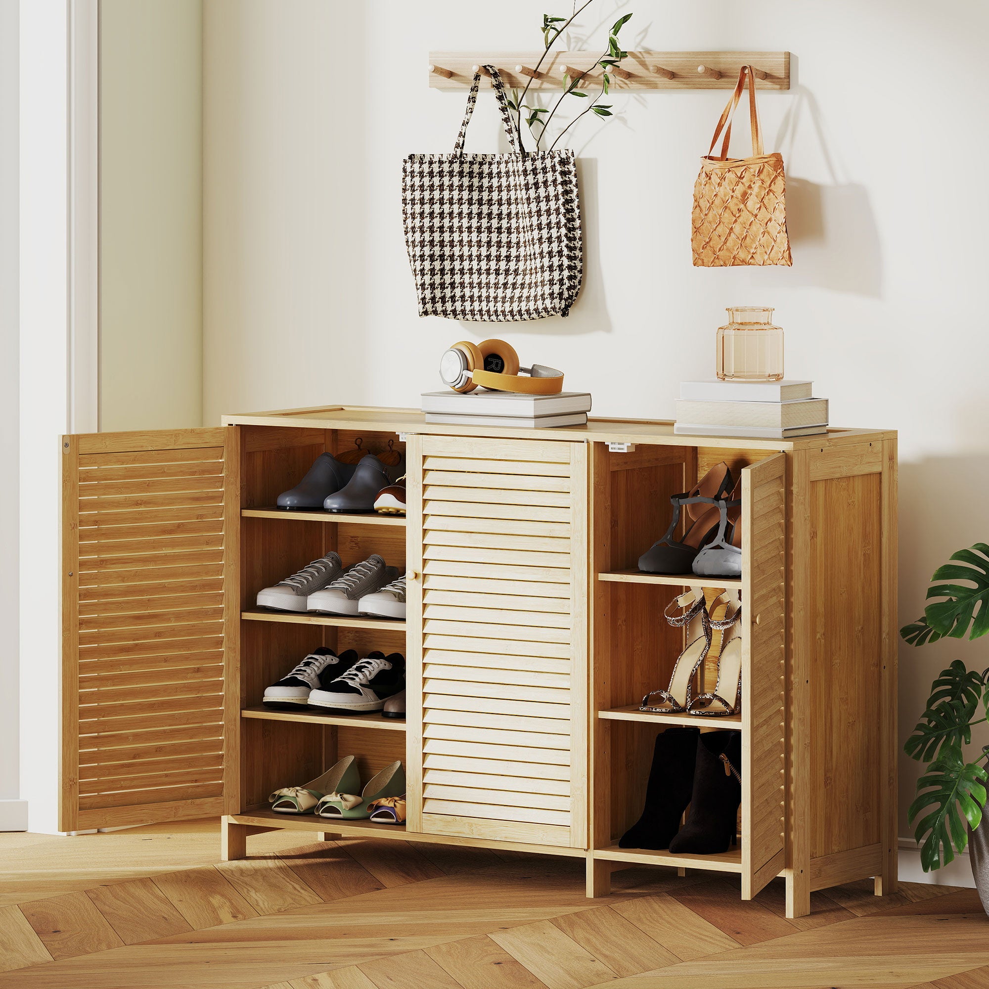 HOMCOM Bamboo Shoe Cabinet with Louvered Doors, 18 Pairs Shoe Storage Cabinet with Adjustable Shelves for Hallway, Natural 