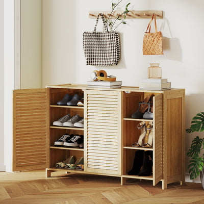 HOMCOM Bamboo Shoe Cabinet with Louvered Doors, 18 Pairs Shoe Storage Cabinet with Adjustable Shelves for Hallway, Natural 