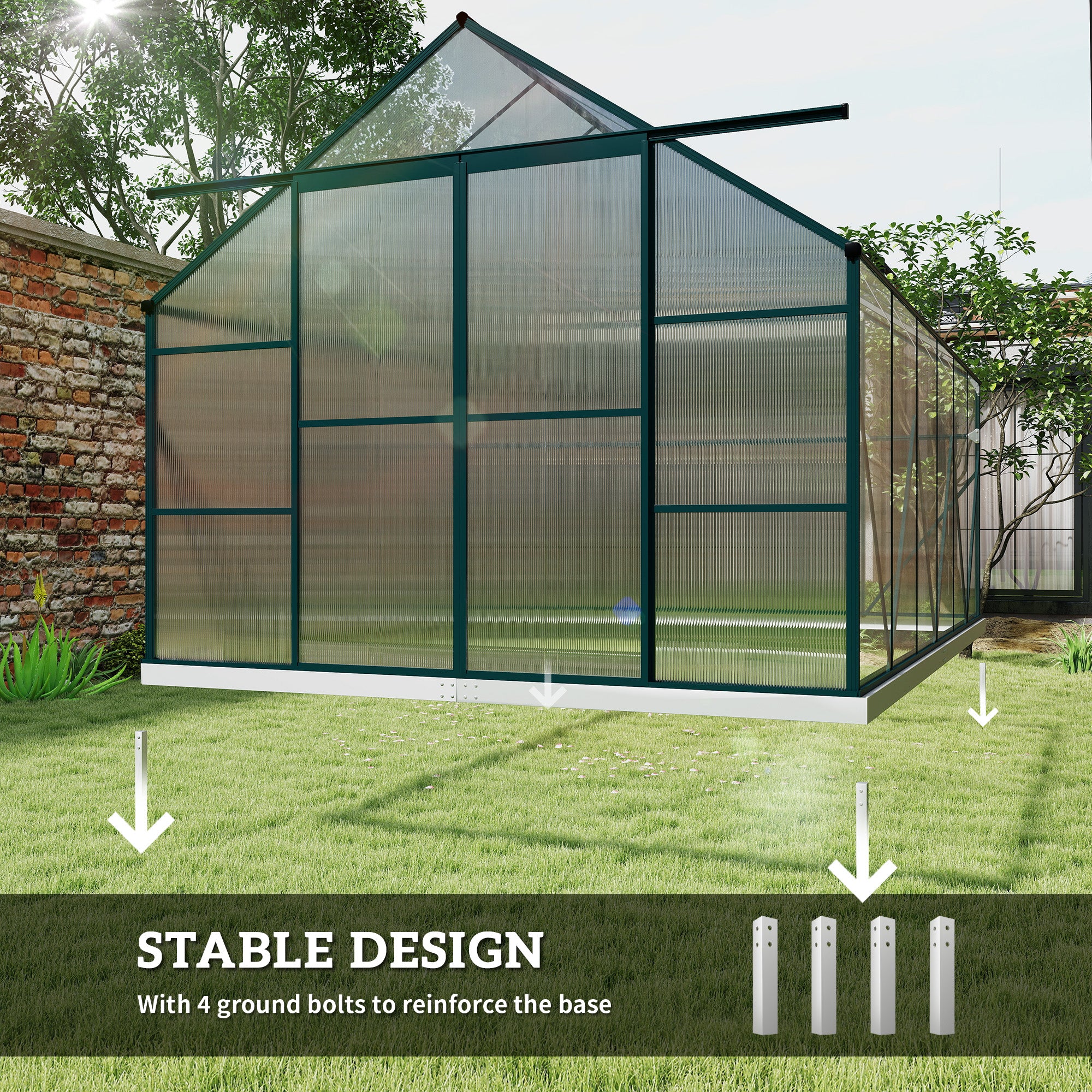 Outsunny 8 x 12ft Aluminium Greenhouse Polycarbonate Walk-in Garden Greenhouse Kit with Adjustable Roof Vent, Double Sliding Door, Rain Gutter and Foundation, Clear 
