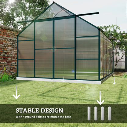 Outsunny 8 x 12ft Aluminium Greenhouse Polycarbonate Walk-in Garden Greenhouse Kit with Adjustable Roof Vent, Double Sliding Door, Rain Gutter and Foundation, Clear 