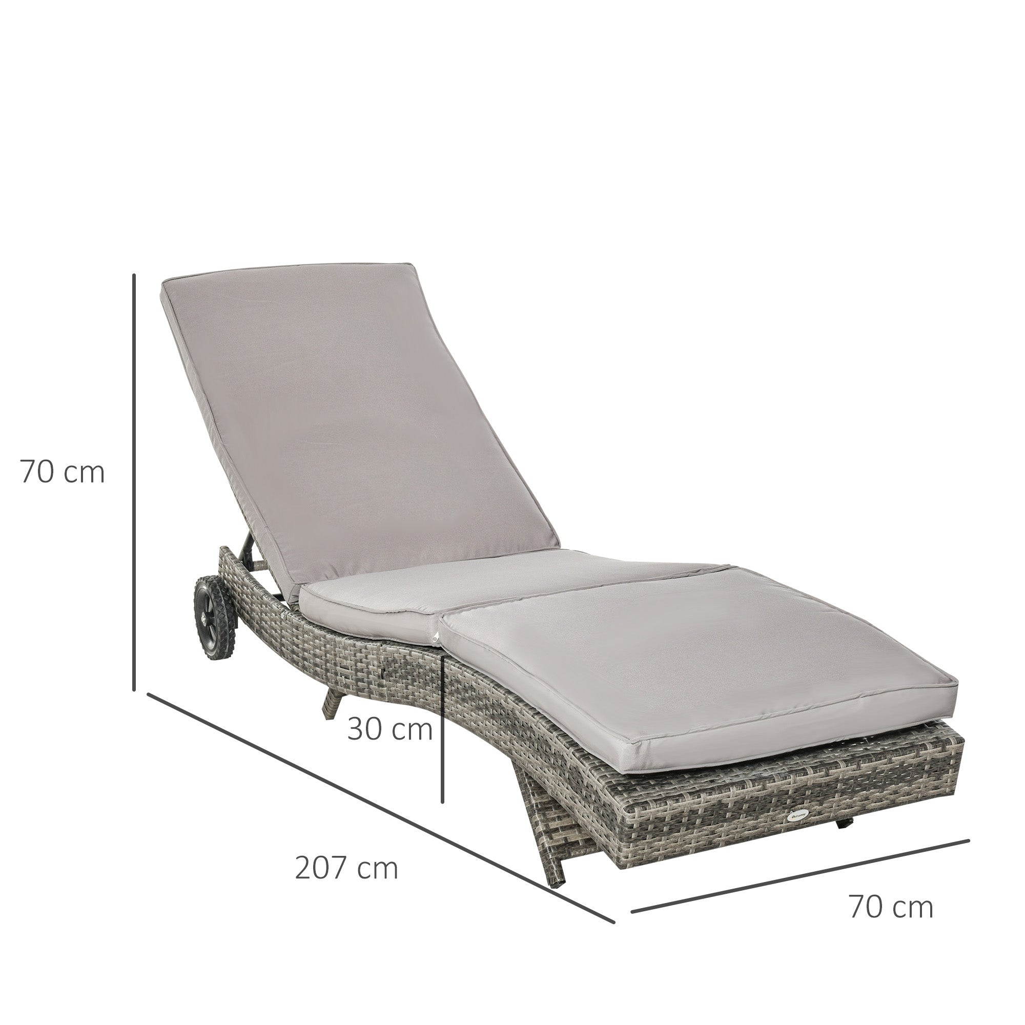 Outsunny Patio Wicker Chaise Lounge Chair, Outdoor PE Rattan Sun Lounger with Adjustable Backrest and 2 Wheels, Grey 