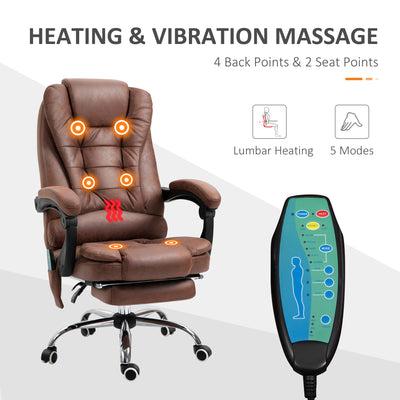 Vinsetto Heated 6 Points Vibration Massage Executive Office Chair Adjustable Swivel Ergonomic High Back Desk Chair Recliner with Footrest Brown 