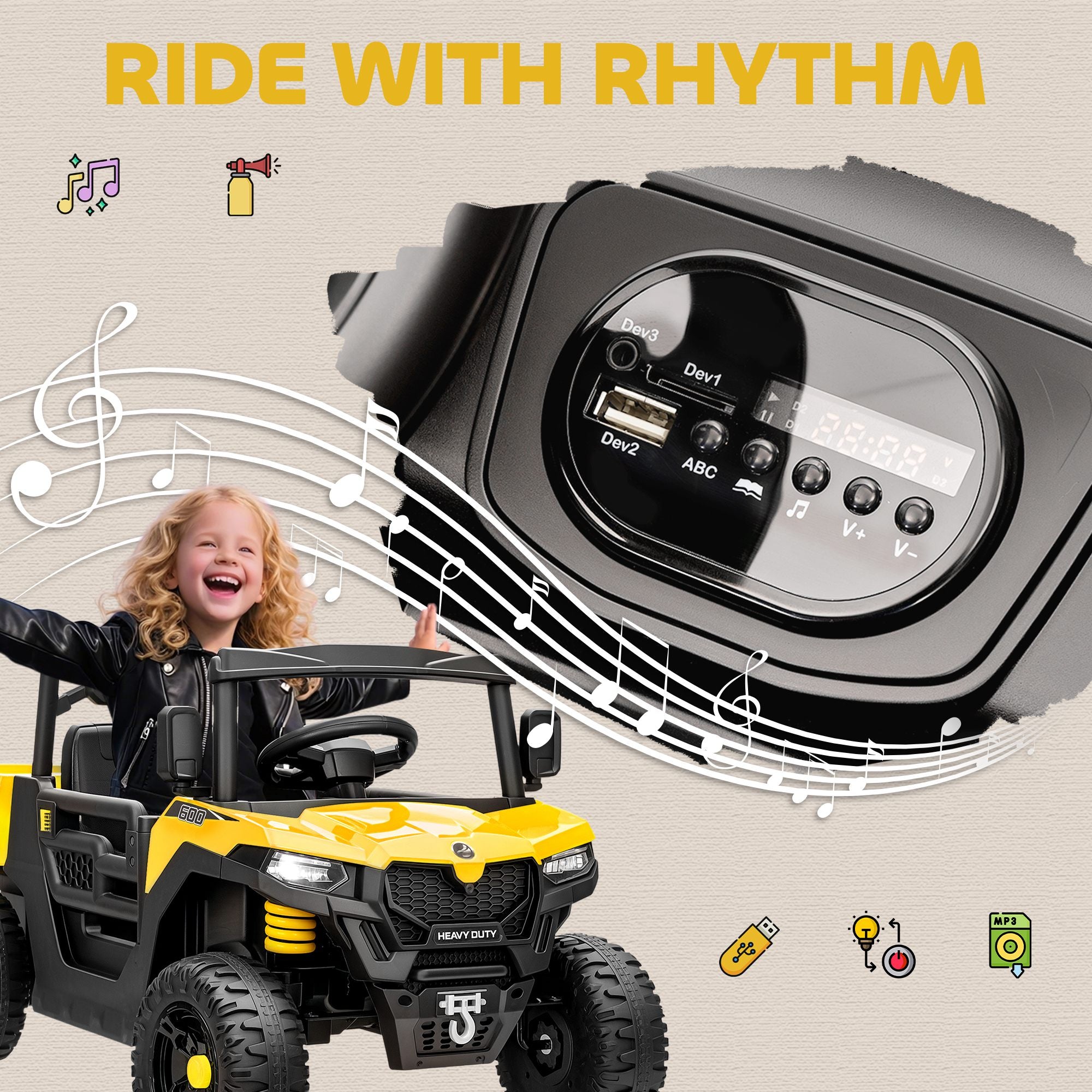 AIYAPLAY Kids Ride on Car, 12V Electric Kids UTV with Electric Dump Bed, 4-Wheel Suspension for 3-8 Years, Yellow 