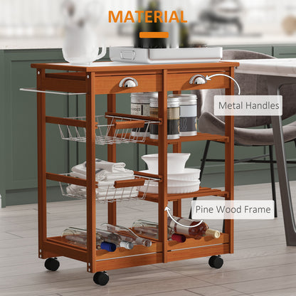 HOMCOM Rolling Kitchen Island Trolley Cart Drawer Shelves Basket Wheels W/  6 Bottle Wine Rack, Honey Colour 