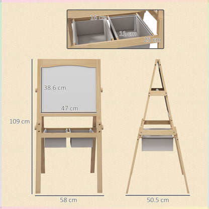 AIYAPLAY Kids Easel with Paper Roll, 3 in 1 Art Easel for Toddlers, Double-Sided Kids Whiteboard Blackboard with Storage Baskets for Ages 3-6 Years - Natural Wood Finish