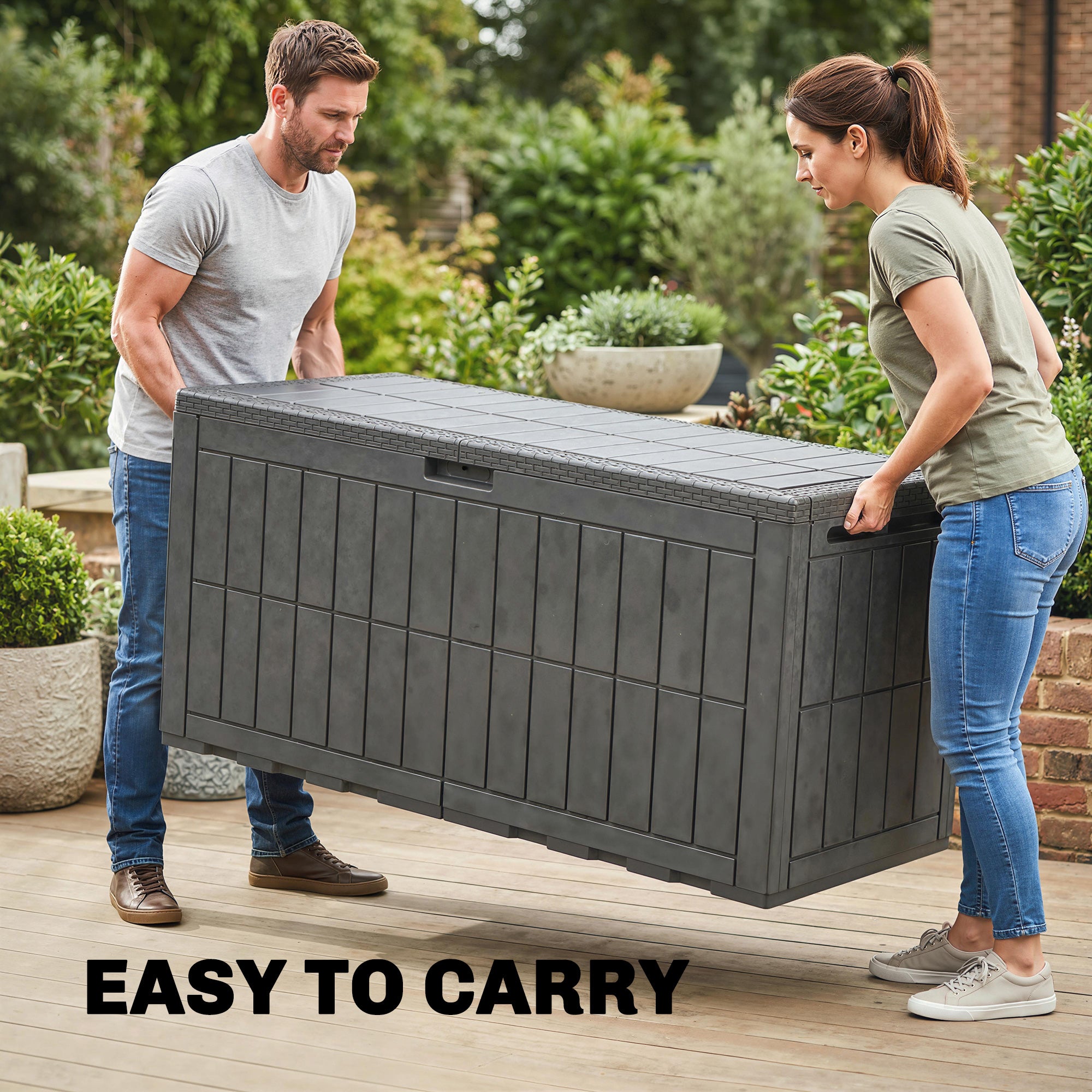 Outsunny 440L Garden Storage Box, Waterproof & UV Resistant Resin Deck Box with Lockable Lid, Pneumatic Gas Rods, Side Handles 