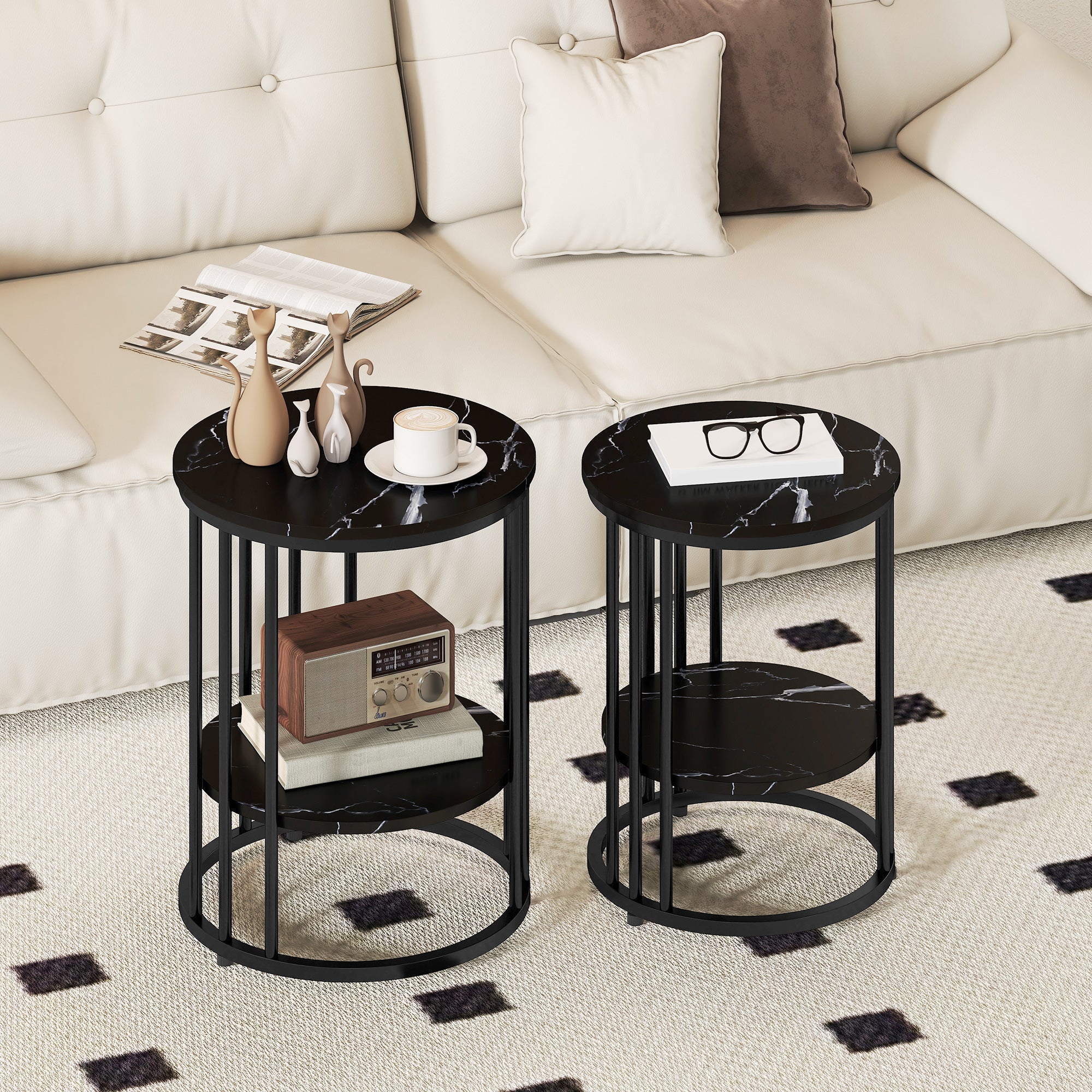 HOMCOM Set of Two Marble-Effect Coffee Tables - Black 