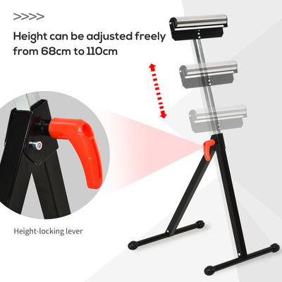 HOMCOM Set of 2 Folding Roller Stand, Material Support Pedestal with Ball Bearing Roller Height Adjustable Portable, Metal Construction, Black 