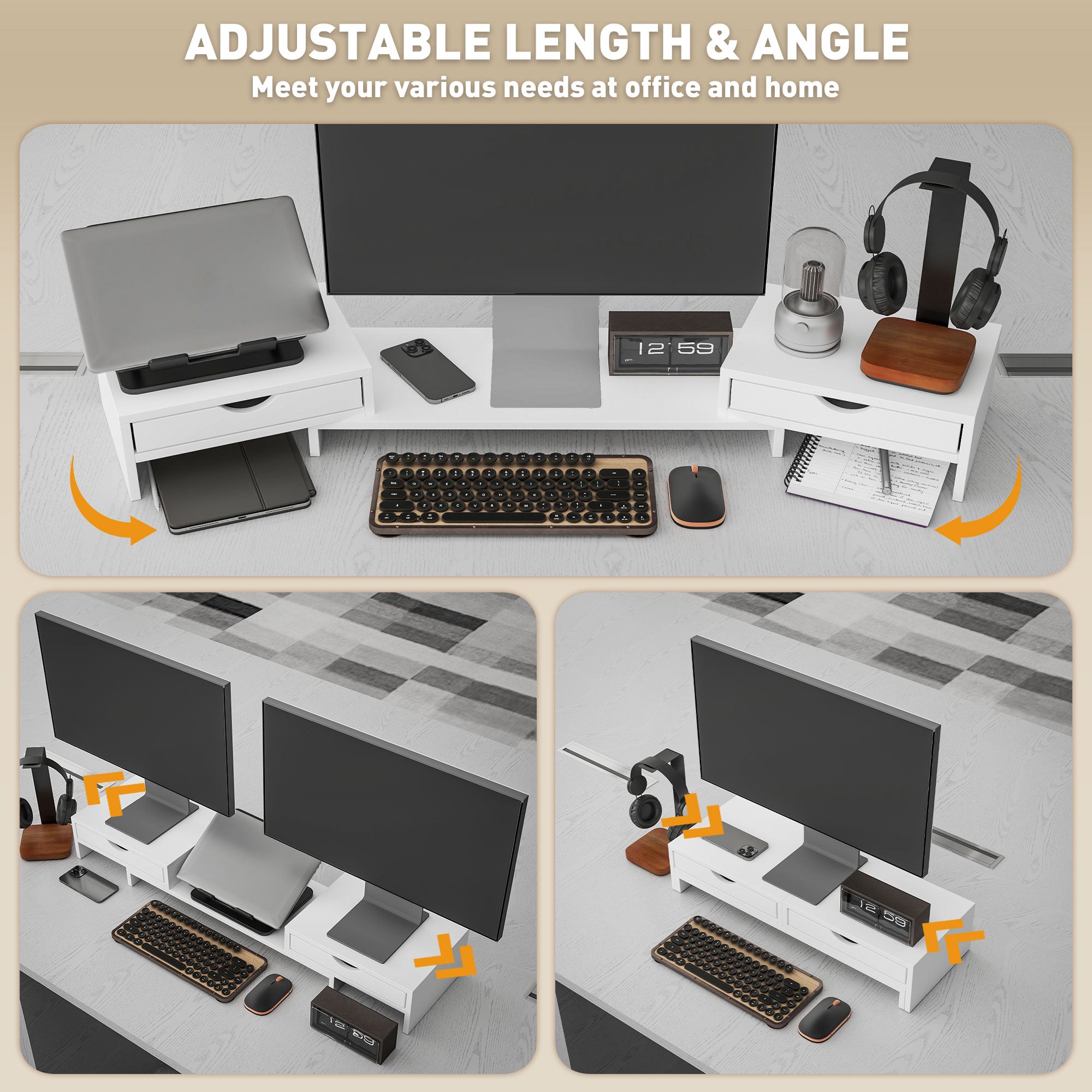 HOMCOM Dual Monitor Stand Riser with 2 Drawers, Adjustable Length and Angle, 116cm Monitor Riser for Laptop, Computer, PC, Small Printer, White 