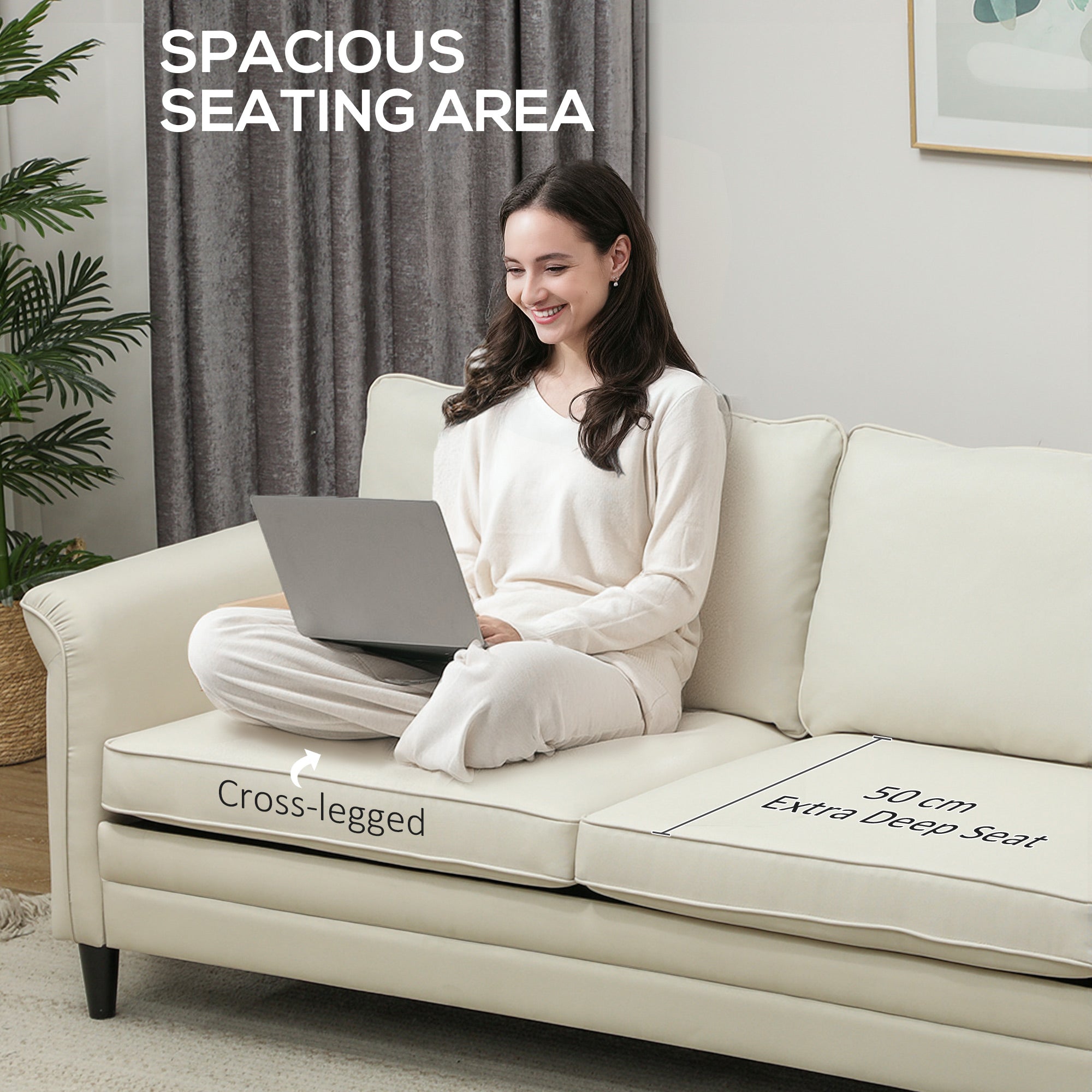 HOMCOM 3 Seater Sofa, Modern Fabric Sofa Couch with Spring Cushion, Rubber Wood Legs, 191cm Upholstered Settee for Living Room, Bedroom, Home Office, Guest Room, Cream White 