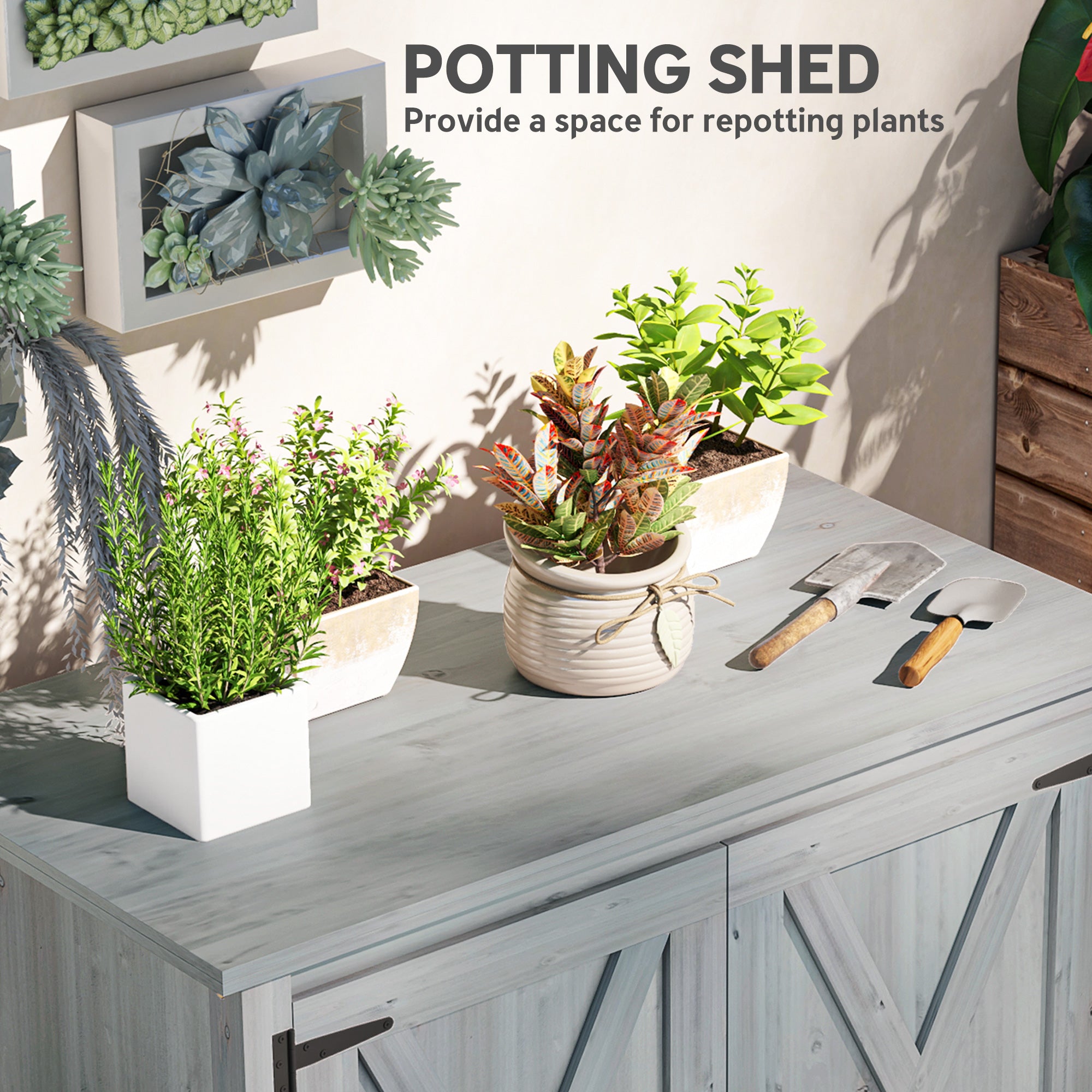 Outsunny Wooden Garden Shed, Outdoor Fir Wood Storage Shed with Shelf and Double Doors, Light Grey 