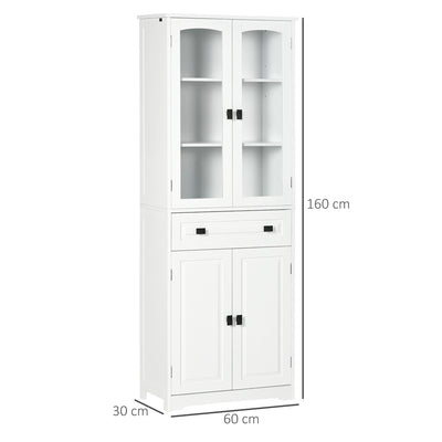 HOMCOM Kitchen Cupboard, Freestanding Storage Cabinet with 2 Adjustable Shelves, Drawer and Glass Door for Living Room, Dining Room, 160cm, White 