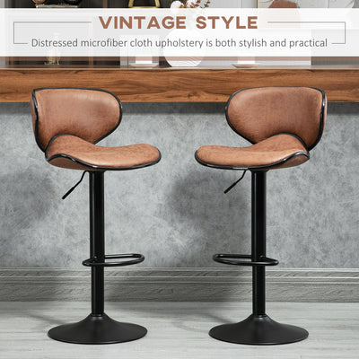 HOMCOM Bar Stool Set of 2 Microfiber Cloth Adjustable Height Armless Chairs with Swivel Seat, Brown 