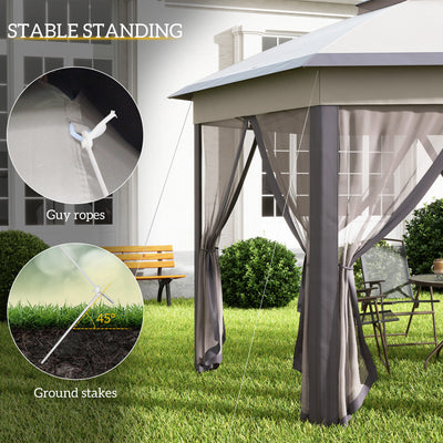 Outsunny 3 x 4m Garden Gazebo Hexagon Pop Up Party Tent Canopy Double Roof Instant Shelter with Netting and Carry Bag for Outdoor Patio, Beige 