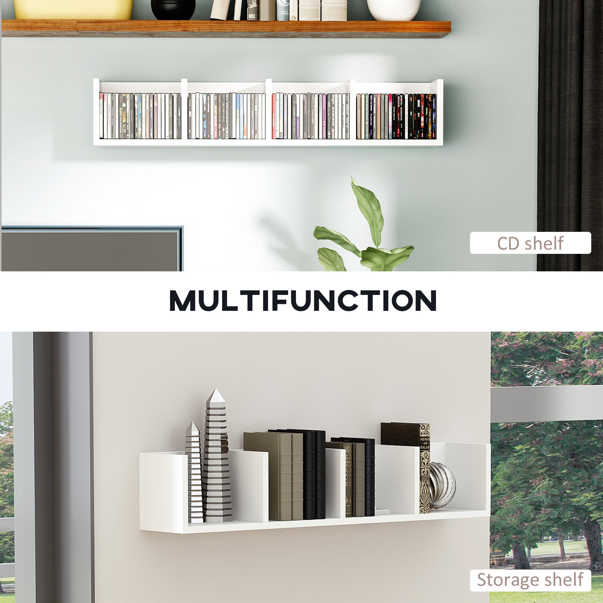 HOMCOM Wall Mount 84 CD / 56 DVD/Blu-ray/ Media Storage Rack 4 Cubes, Wooden Shelf Organiser Unit Bookcase Display, Set of 2, White