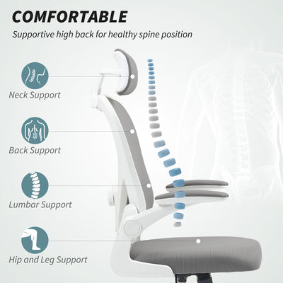 HOMCOM Executive Office Chair, Ergonomic Mesh High Back Desk Chair with Flip-up Armrest, Rotatable Headrest, Adjustable Lumbar Support, Swivel Computer Chair for Home Study, Grey 