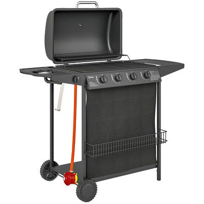 Outsunny 4+1 Burner Gas BBQ Grill, Portable Gas Barbecue Grill with Built-in Thermometer, Lid, Side Table, Shelf, Spice Rack, Wheels, Grease Cup for Garden Party Outdoor Cooking, Black 