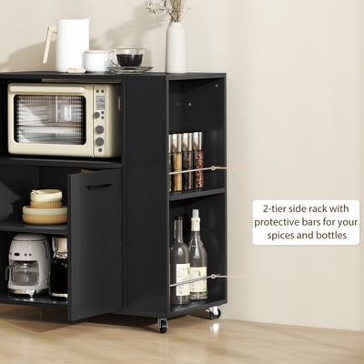 HOMCOM Kitchen Trolley on Wheels, Rolling Kitchen Island Cart with 2-Door Cabinet, Spice Rack and Adjustable Shelf, Black