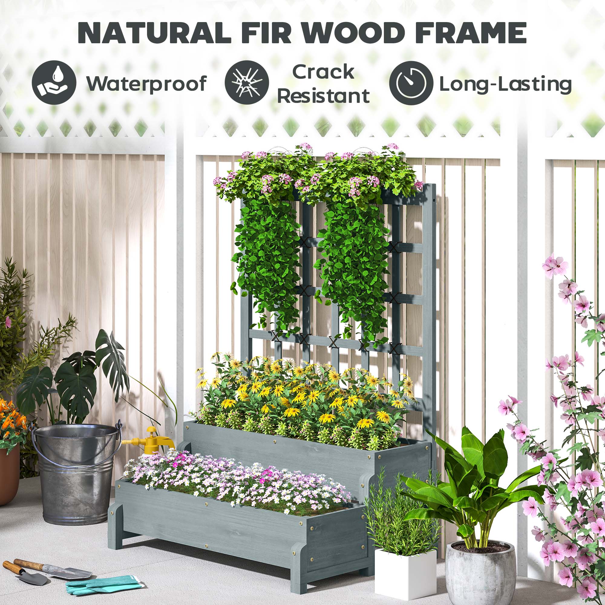 Outsunny 2-Tier Raised Garden Bed with Trellis, Wooden Elevated Planter Box with Drainage Holes, Outdoor Raised Planter for Climbing Plants, Fruits, Vegetables, Flowers, Grey 