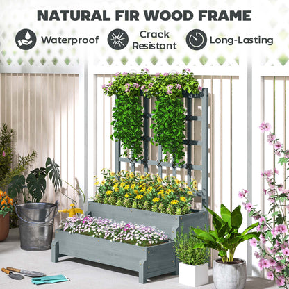 Outsunny 2-Tier Raised Garden Bed with Trellis, Wooden Elevated Planter Box with Drainage Holes, Outdoor Raised Planter for Climbing Plants, Fruits, Vegetables, Flowers, Grey 