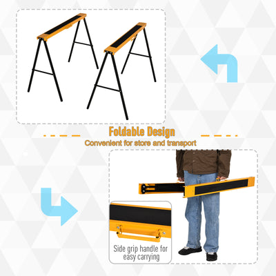 HOMCOM 2PCS Saw Horse Twin Pack Folding Workbench Metal Trestle Stands with Non-slip EVA Surface for Sawing Work Max Load 125kg 