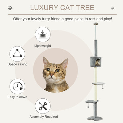 PawHut Floor to Ceiling Cat Tree for Indoor Cats, Kitten Tower, Condo, Multi-Layer Activity Center, Indoor Pet Play House with Solid Scratching Post Hanging Balls, Light Grey 